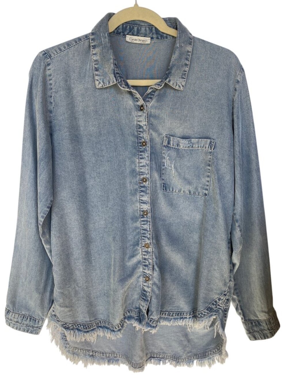 Carole Christian Distressed Denim Chambray Button Up Fray Hem Shirt Western-S